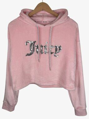JUICY COUTURE SLEEPWEAR Rhinestone Sequin Velour Hoodie - Pink - Size M
